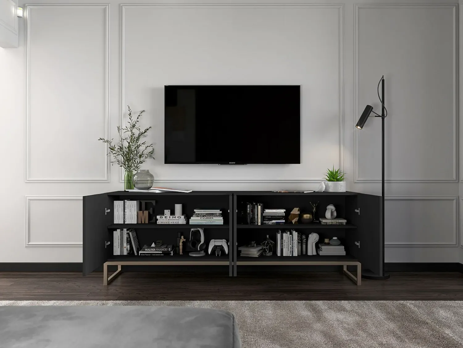 Móvel De Tv| Móvel de TV com 8 portas - Estrutura mate, frentes ranhuradas mate - 300 cm, estrutura metálica Preto