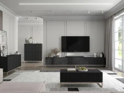 Móvel De Tv| Móvel de TV com 8 portas - Estrutura mate, frentes ranhuradas mate - 300 cm, estrutura metálica Preto
