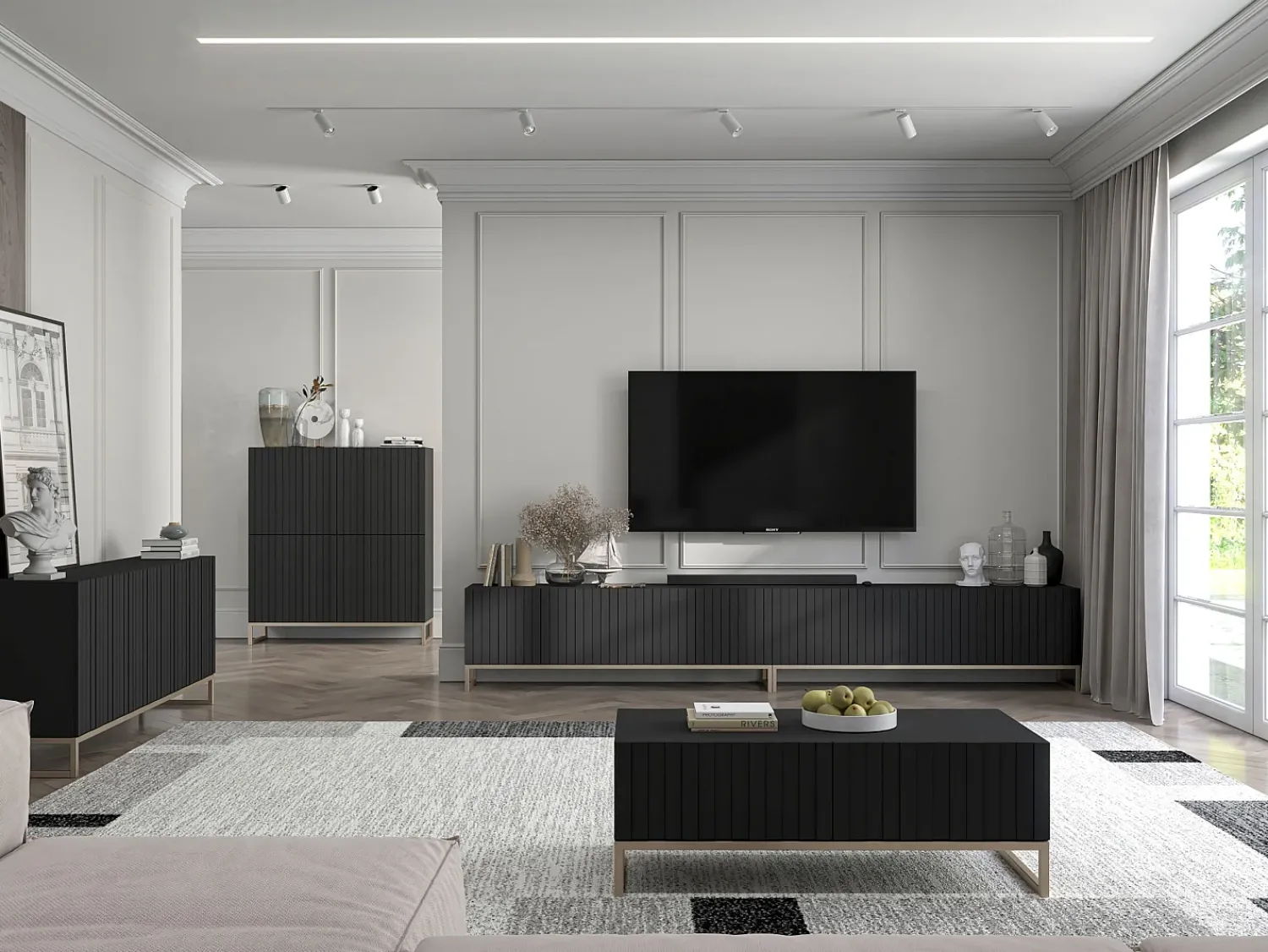 Móvel De Tv| Móvel de TV com 8 portas - Estrutura mate, frentes ranhuradas mate - 300 cm, estrutura metálica Preto
