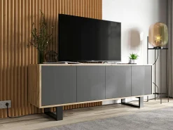 Móvel De Tv* Móvel de TV com 4 portas – estrutura em carvalho Wotan, frentes grafite mate – 150 cm, pés de metal Cinzento