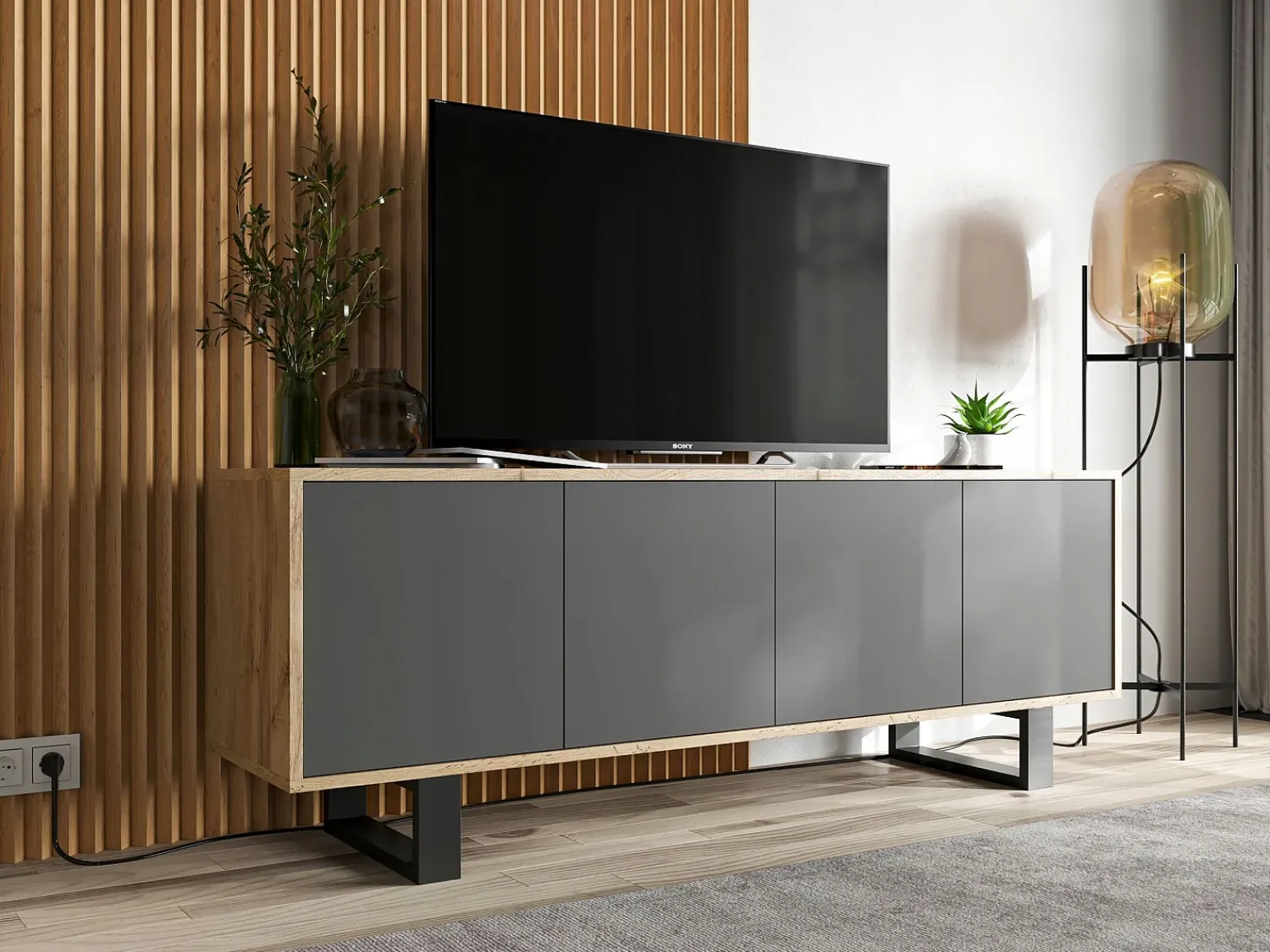 Móvel De Tv* Móvel de TV com 4 portas – estrutura em carvalho Wotan, frentes grafite mate – 150 cm, pés de metal Cinzento