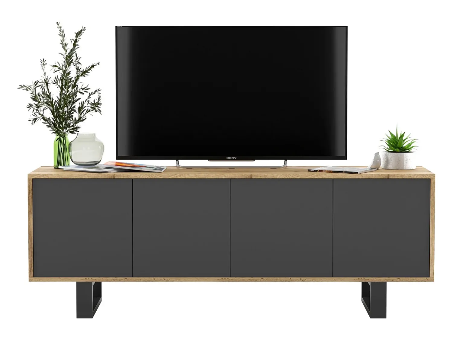 Móvel De Tv* Móvel de TV com 4 portas – estrutura em carvalho Wotan, frentes grafite mate – 150 cm, pés de metal Cinzento