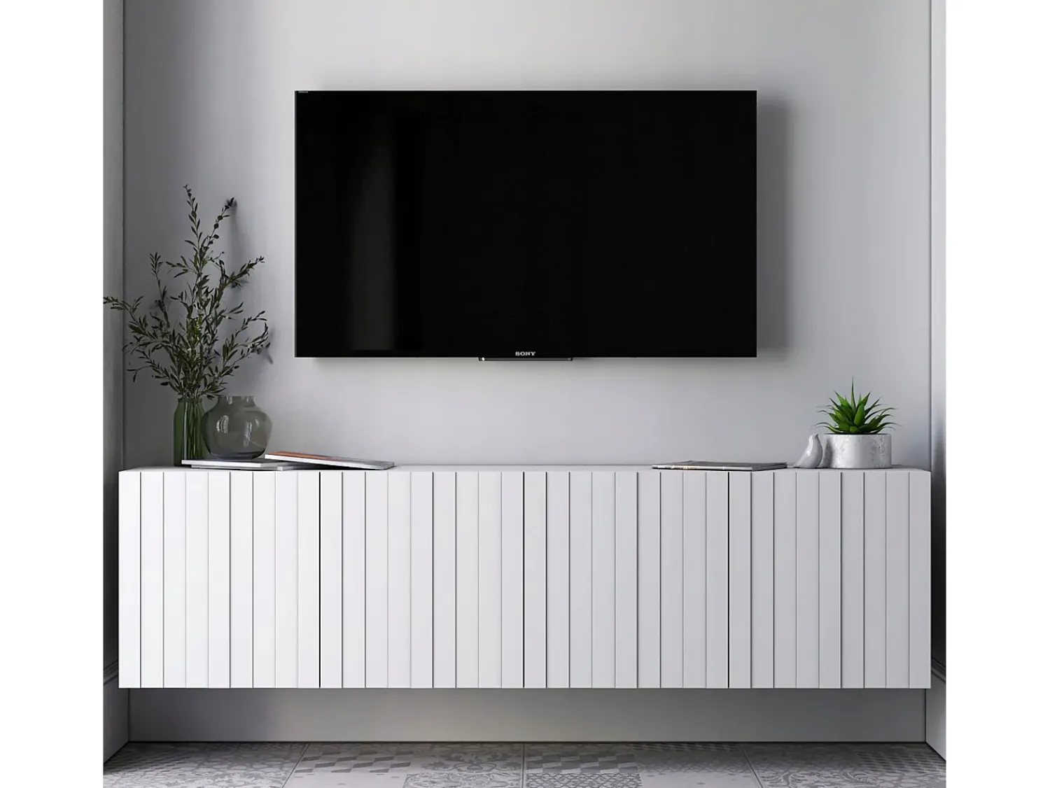 Móvel De Tv| Móvel de TV com 4 portas - Estrutura mate, frentes ranhuradas mate - 150 cm Branco