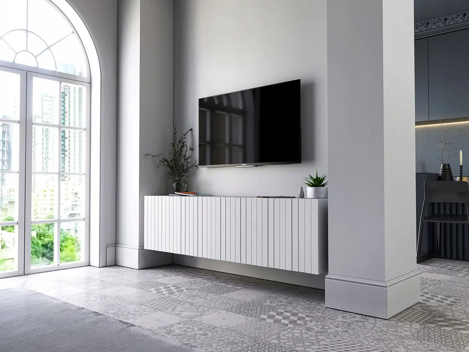 Móvel De Tv| Móvel de TV com 4 portas - Estrutura mate, frentes ranhuradas mate - 150 cm Branco