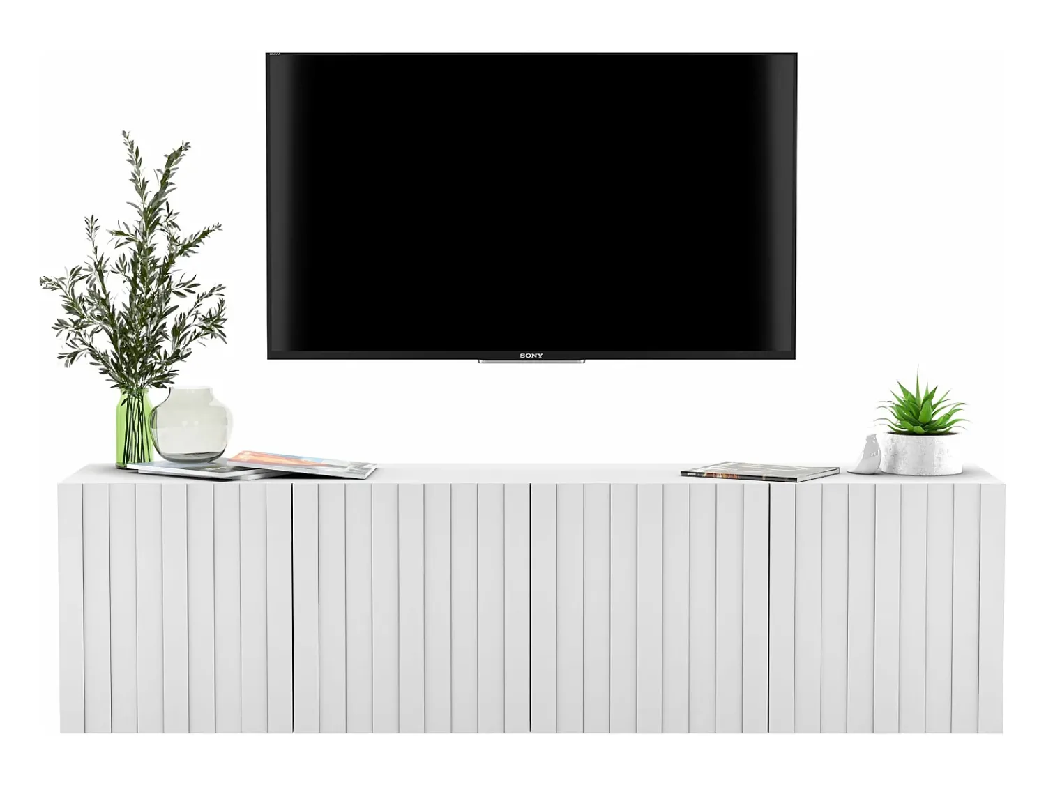 Móvel De Tv| Móvel de TV com 4 portas - Estrutura mate, frentes ranhuradas mate - 150 cm Branco