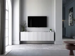 Móvel De Tv| Móvel de TV com 4 portas - Estrutura mate, frentes ranhuradas mate - 150 cm Branco