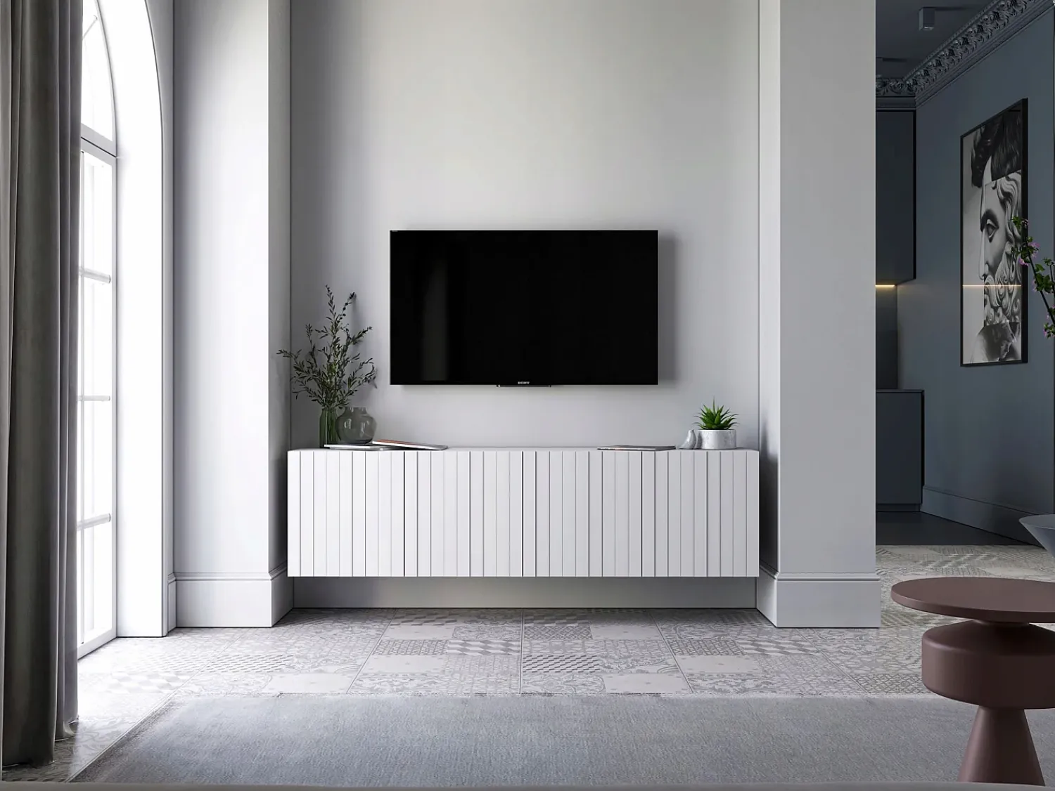 Móvel De Tv| Móvel de TV com 4 portas - Estrutura mate, frentes ranhuradas mate - 150 cm Branco