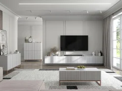 Móvel De Tv| Móvel de TV com 8 portas - Estrutura mate, frentes ranhuradas mate - 300 cm Branco