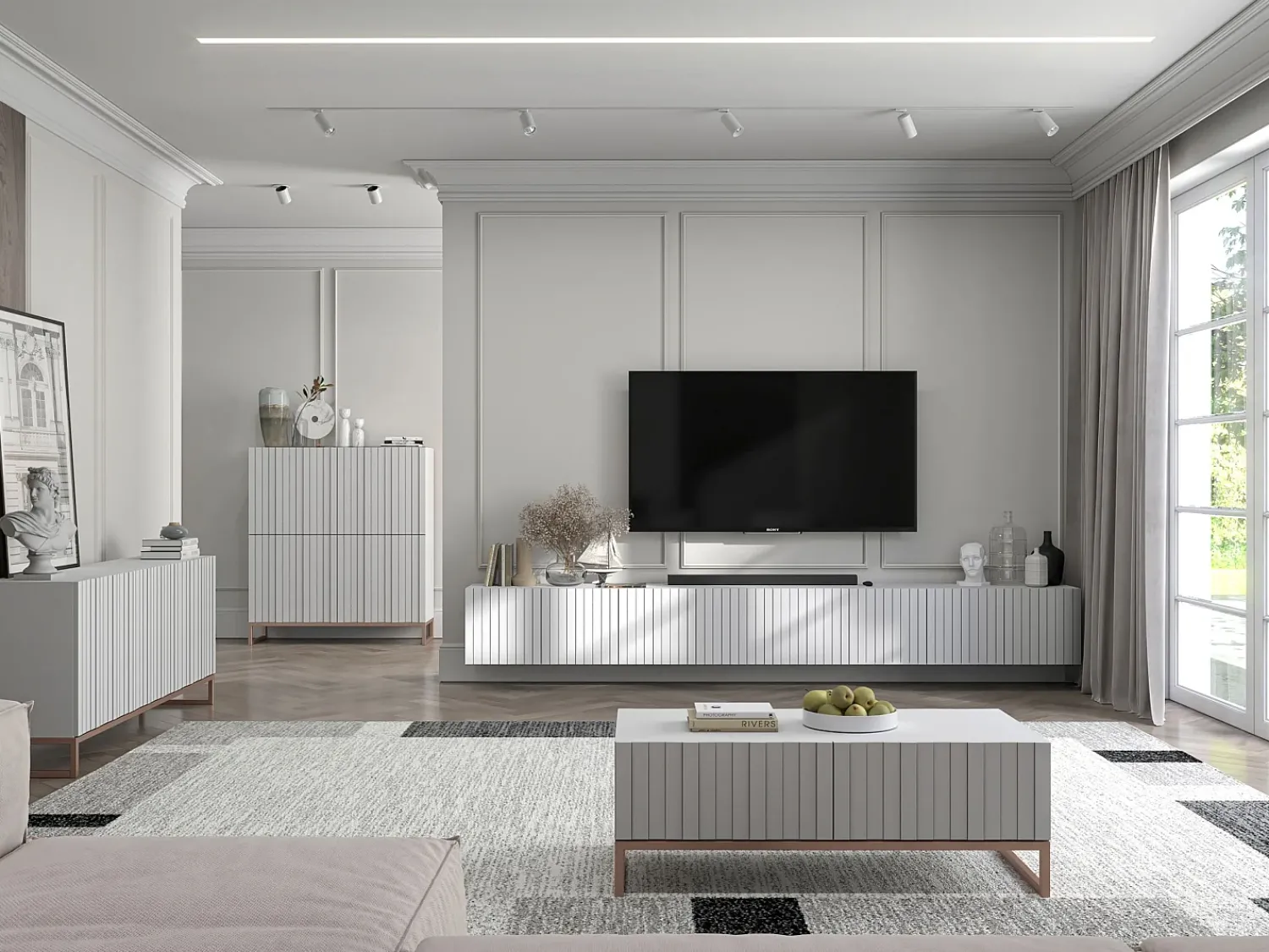Móvel De Tv| Móvel de TV com 8 portas - Estrutura mate, frentes ranhuradas mate - 300 cm Branco