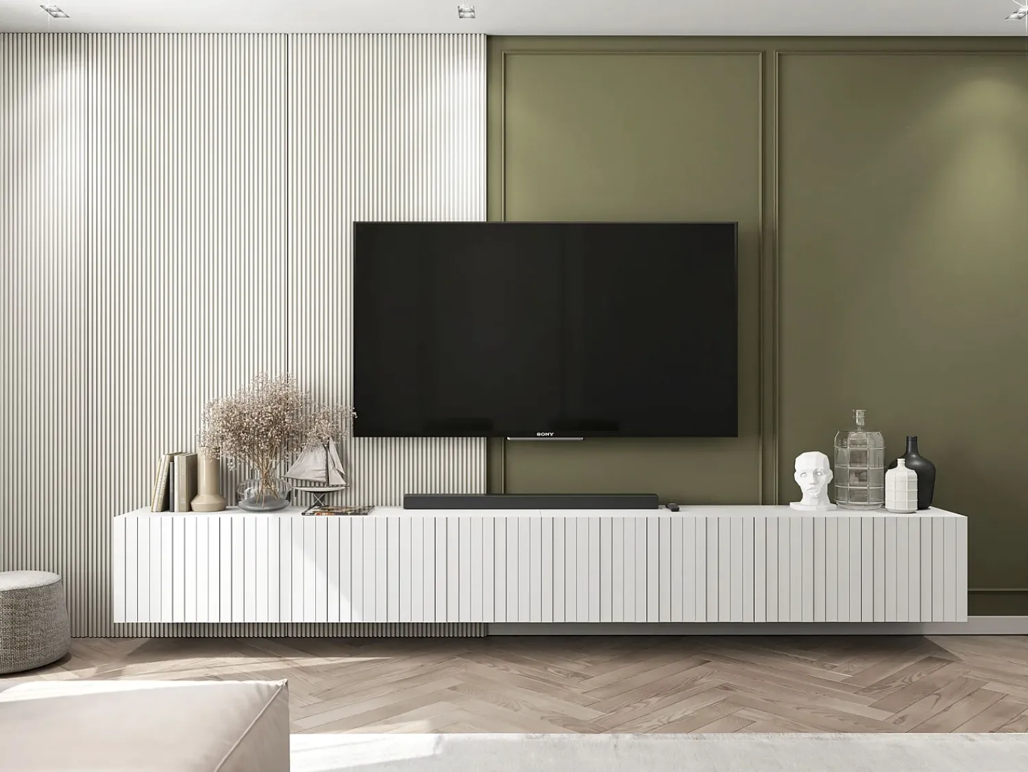 Móvel De Tv| Móvel de TV com 8 portas - Estrutura mate, frentes ranhuradas mate - 300 cm Branco