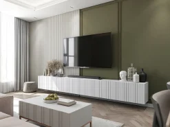 Móvel De Tv| Móvel de TV com 8 portas - Estrutura mate, frentes ranhuradas mate - 300 cm Branco