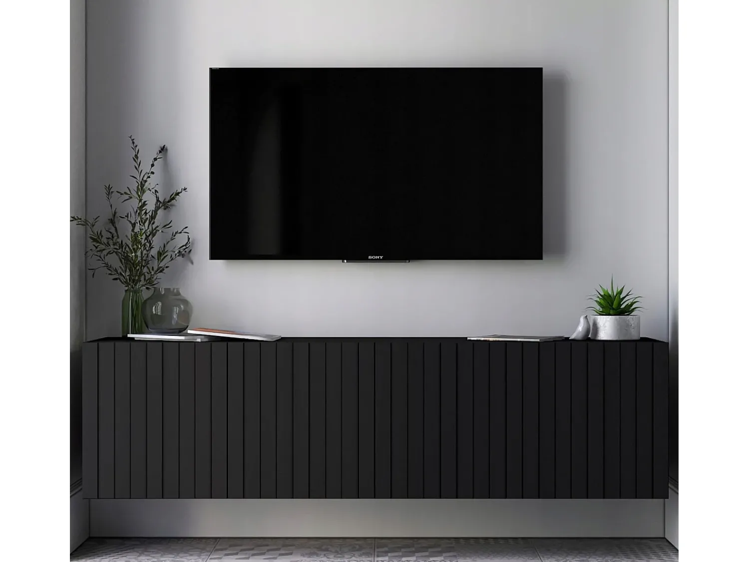Móvel De Tv* Móvel de TV com 4 portas - Estrutura mate, frentes ranhuradas mate - 150 cm Preto