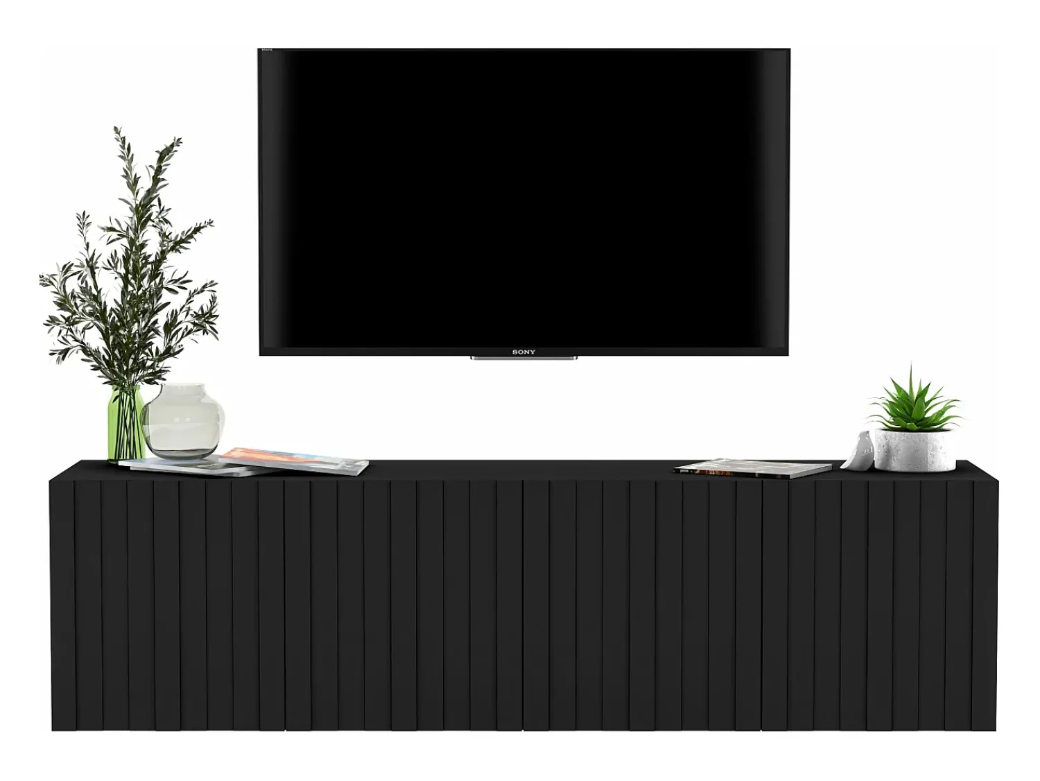 Móvel De Tv* Móvel de TV com 4 portas - Estrutura mate, frentes ranhuradas mate - 150 cm Preto