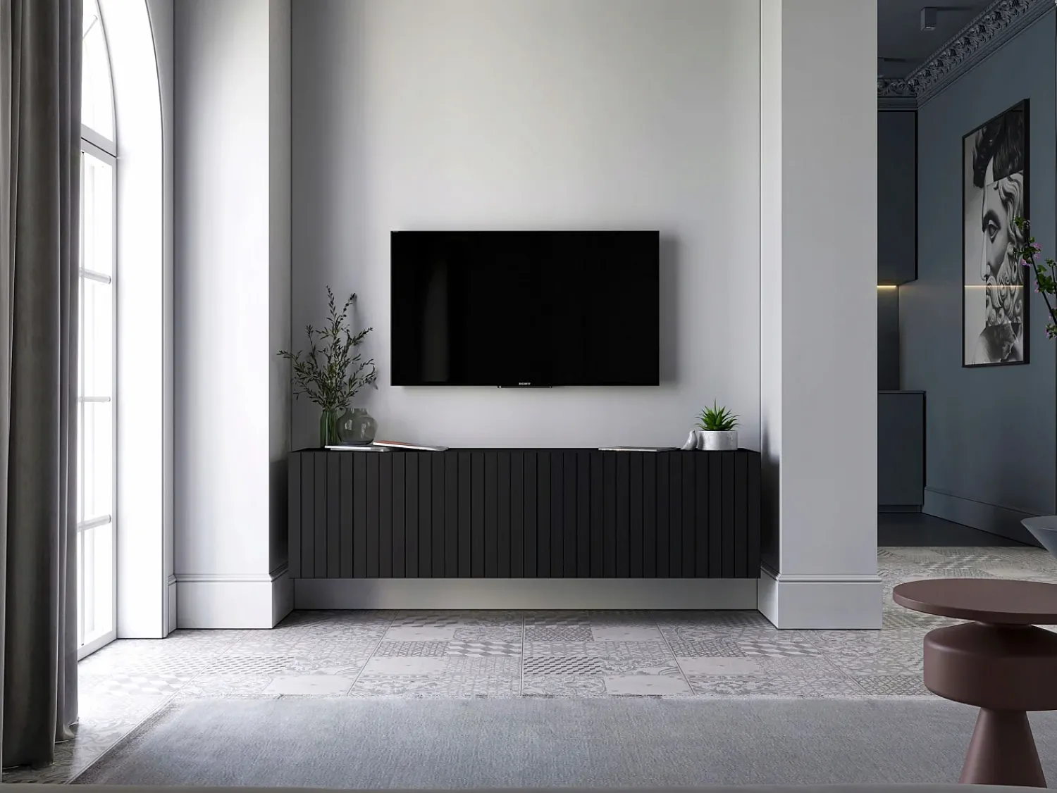 Móvel De Tv* Móvel de TV com 4 portas - Estrutura mate, frentes ranhuradas mate - 150 cm Preto