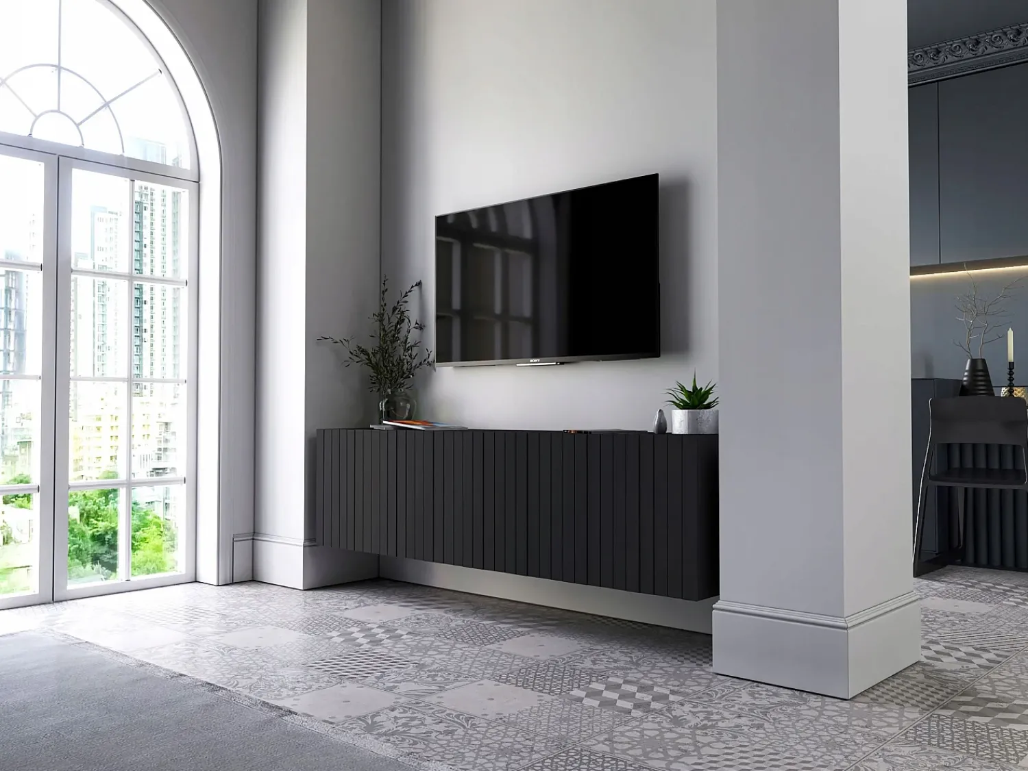 Móvel De Tv* Móvel de TV com 4 portas - Estrutura mate, frentes ranhuradas mate - 150 cm Preto