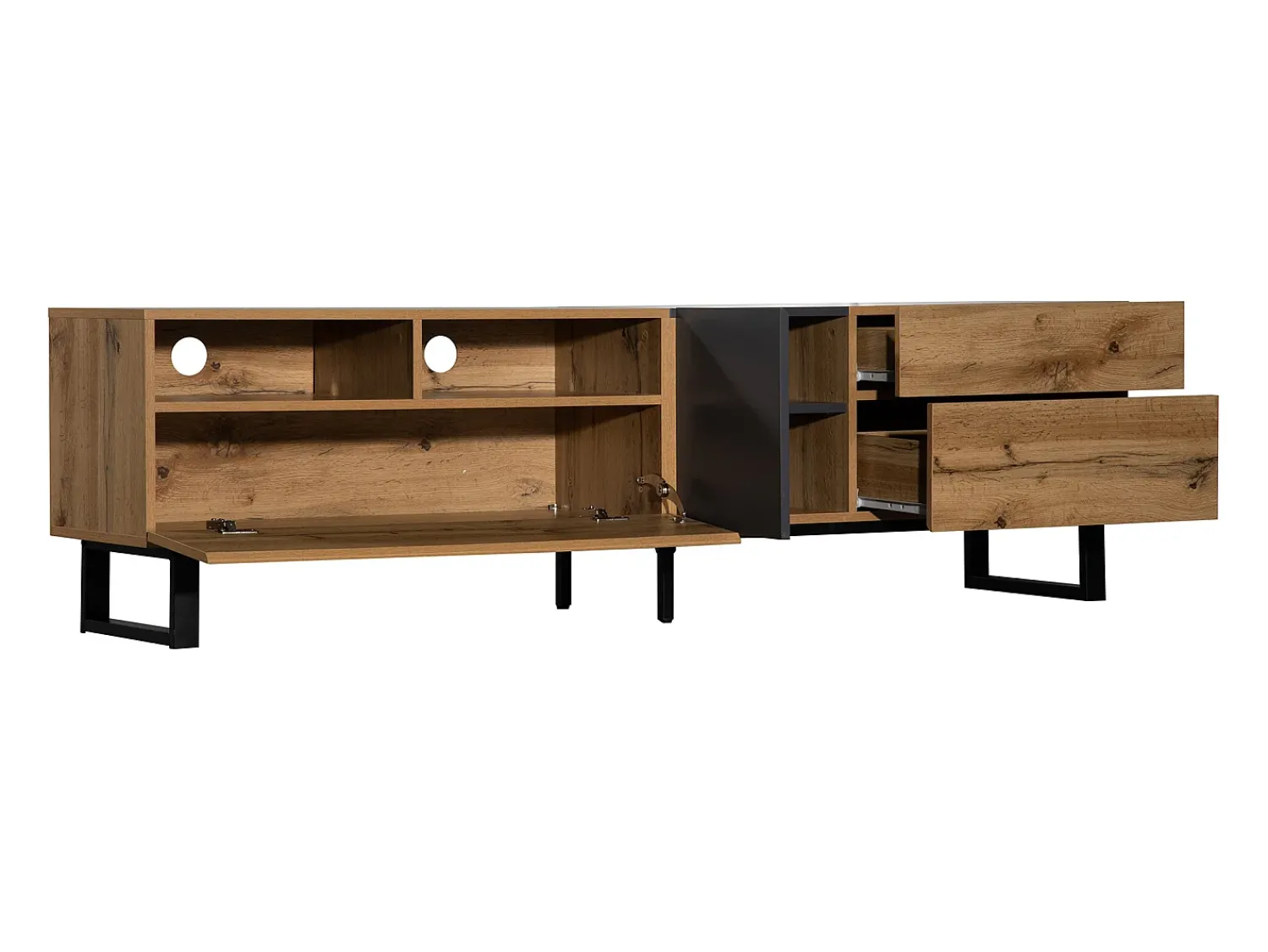 Móvel De Tv*Hauss Spole Móvel de TV com 2 portas, 2 gavetas e 2 nichos, carvalho e cinza, pés de metal preto Natural claro