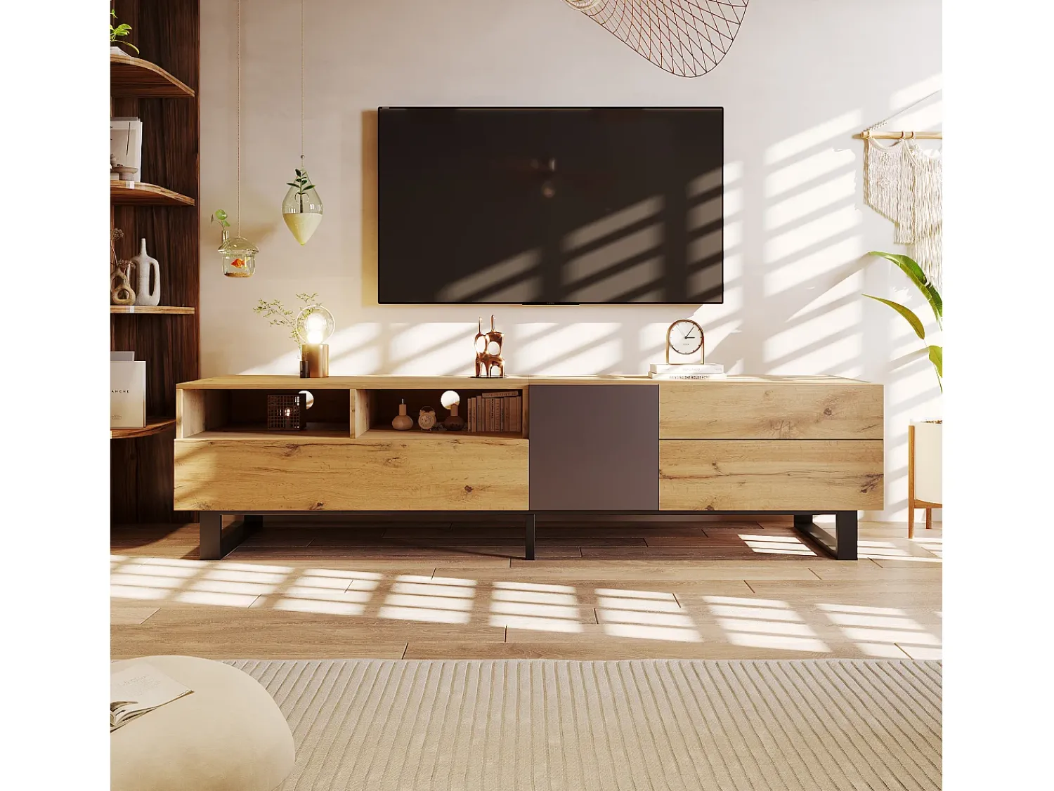 Móvel De Tv*Hauss Spole Móvel de TV com 2 portas, 2 gavetas e 2 nichos, carvalho e cinza, pés de metal preto Natural claro