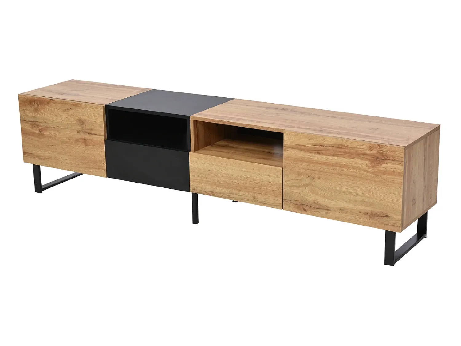 Merax Móvel de TV com 2 portas, 2 gavetas e 2 nichos - aspecto madeira - madeira MDF e metal dourado - cores: carvalho e preto^ Móvel De Tv
