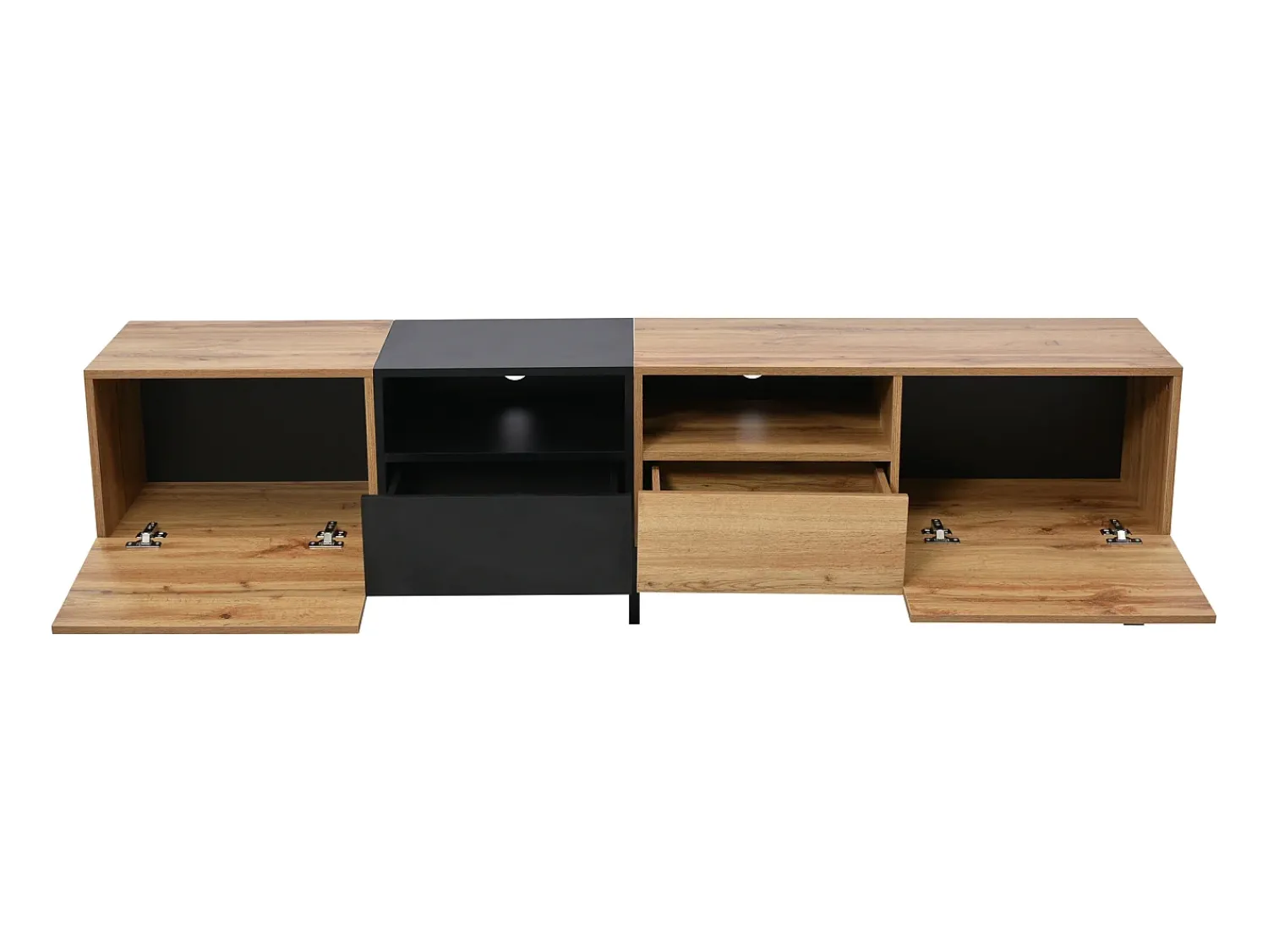 Merax Móvel de TV com 2 portas, 2 gavetas e 2 nichos - aspecto madeira - madeira MDF e metal dourado - cores: carvalho e preto^ Móvel De Tv