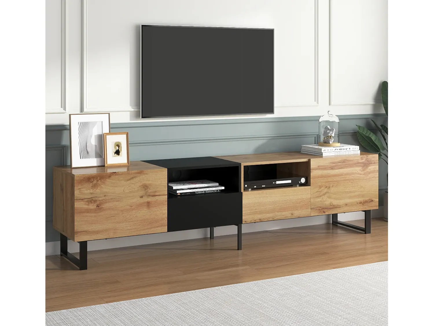 Merax Móvel de TV com 2 portas, 2 gavetas e 2 nichos - aspecto madeira - madeira MDF e metal dourado - cores: carvalho e preto^ Móvel De Tv