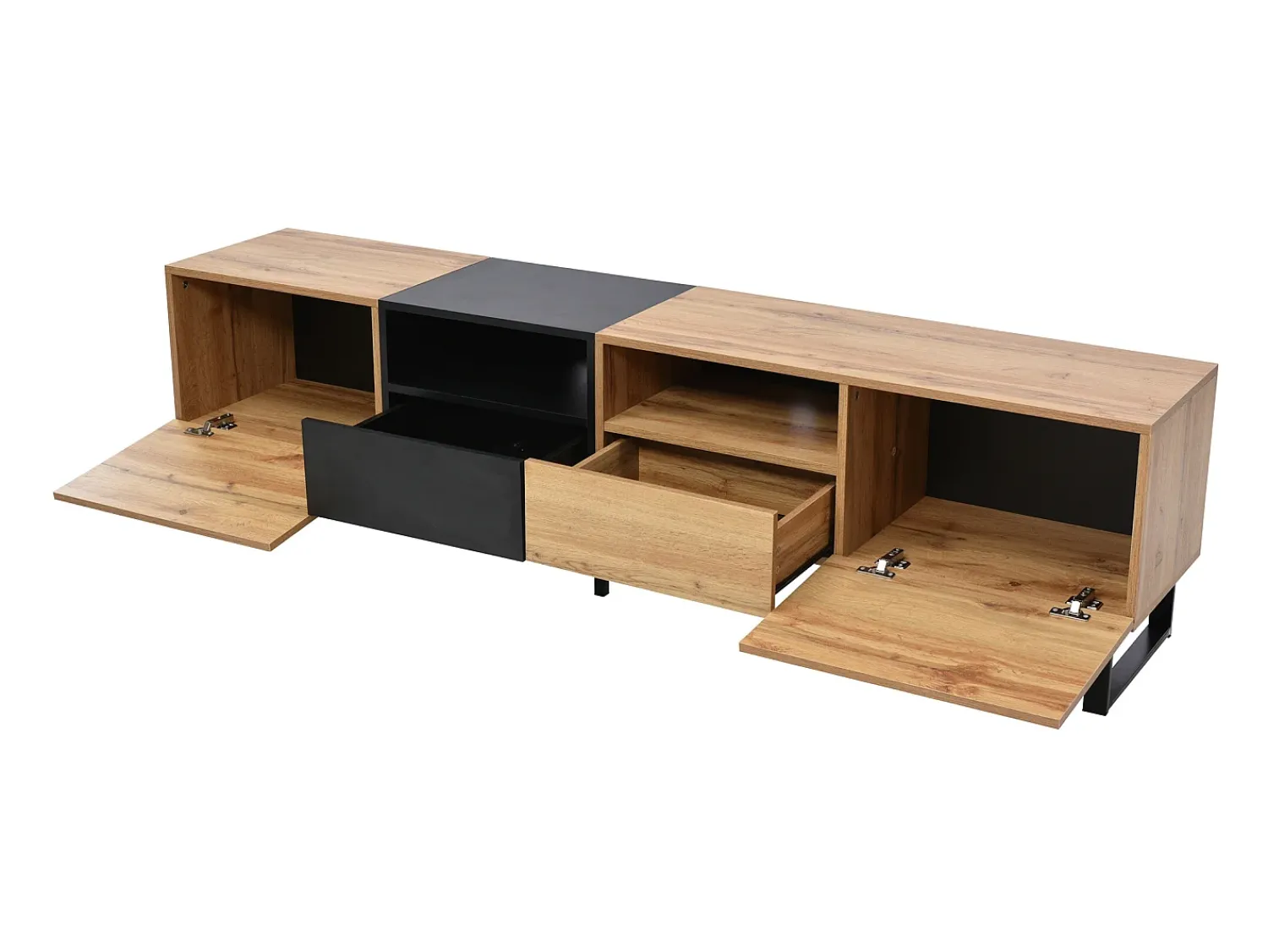 Merax Móvel de TV com 2 portas, 2 gavetas e 2 nichos - aspecto madeira - madeira MDF e metal dourado - cores: carvalho e preto^ Móvel De Tv