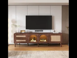 Móvel De Tv|Hauss Spole Móvel de TV com 3 portas, 2 gavetas de vime e LEDs, em folheado de madeira marrom Castanho