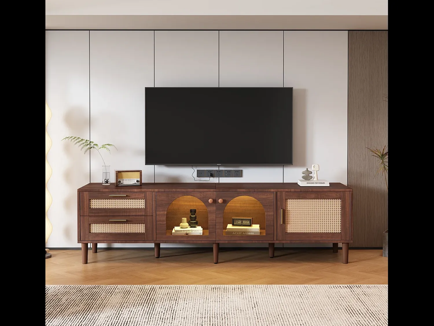 Móvel De Tv|Hauss Spole Móvel de TV com 3 portas, 2 gavetas de vime e LEDs, em folheado de madeira marrom Castanho