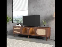 Móvel De Tv|Hauss Spole Móvel de TV com 3 portas, 2 gavetas de vime e LEDs, em folheado de madeira marrom Castanho