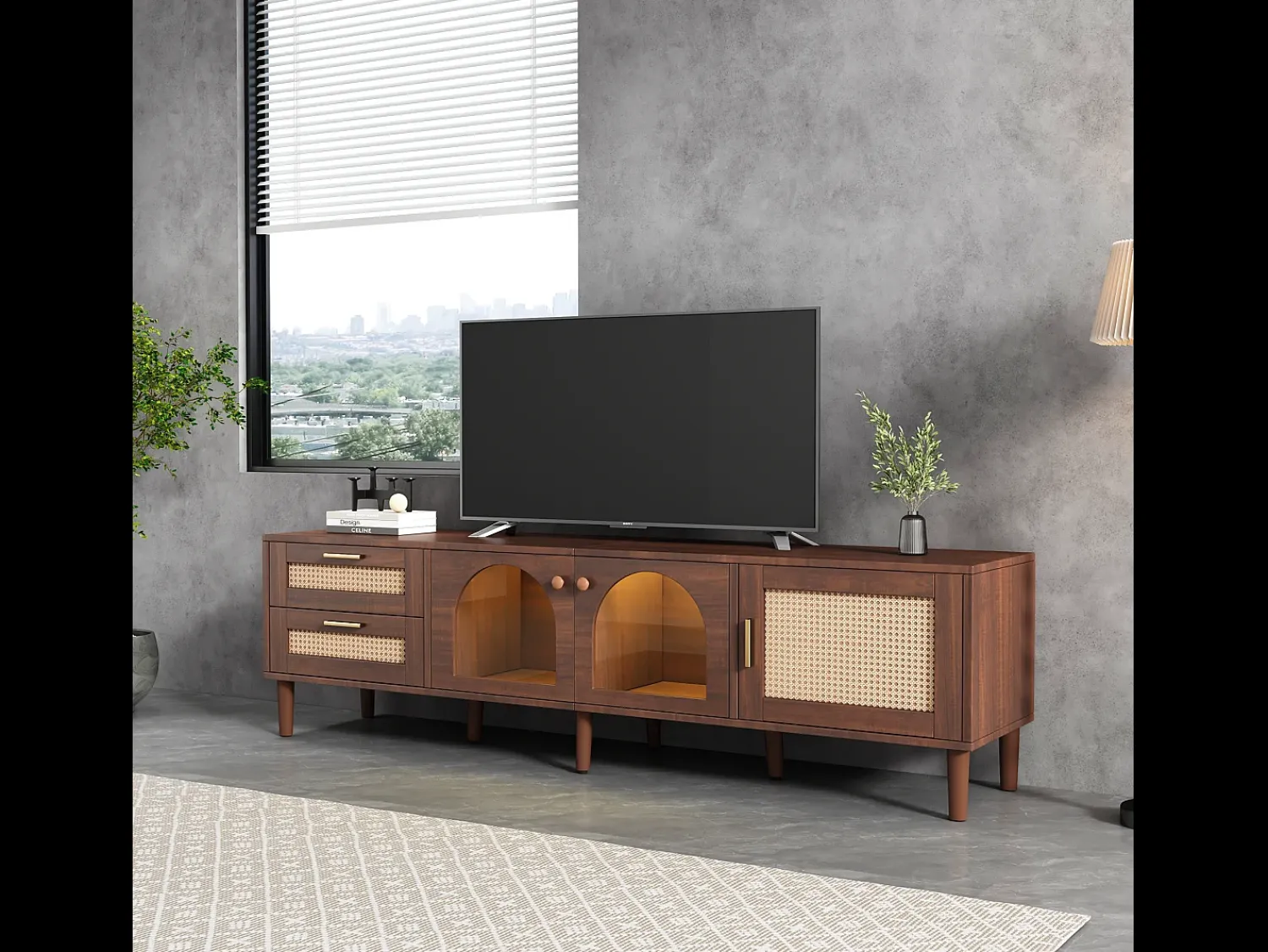 Móvel De Tv|Hauss Spole Móvel de TV com 3 portas, 2 gavetas de vime e LEDs, em folheado de madeira marrom Castanho