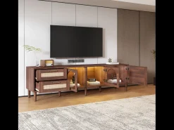 Móvel De Tv|Hauss Spole Móvel de TV com 3 portas, 2 gavetas de vime e LEDs, em folheado de madeira marrom Castanho