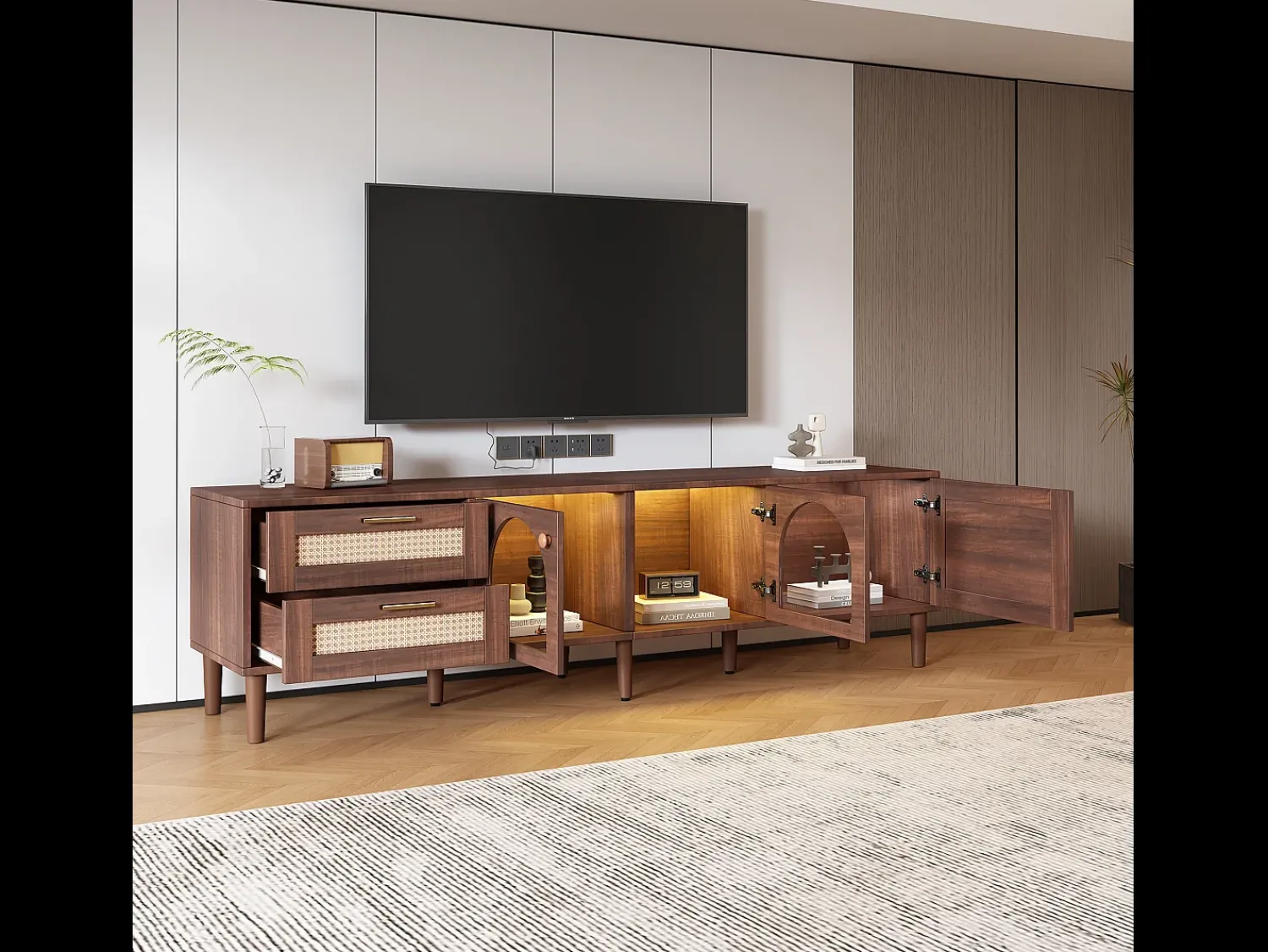 Móvel De Tv|Hauss Spole Móvel de TV com 3 portas, 2 gavetas de vime e LEDs, em folheado de madeira marrom Castanho