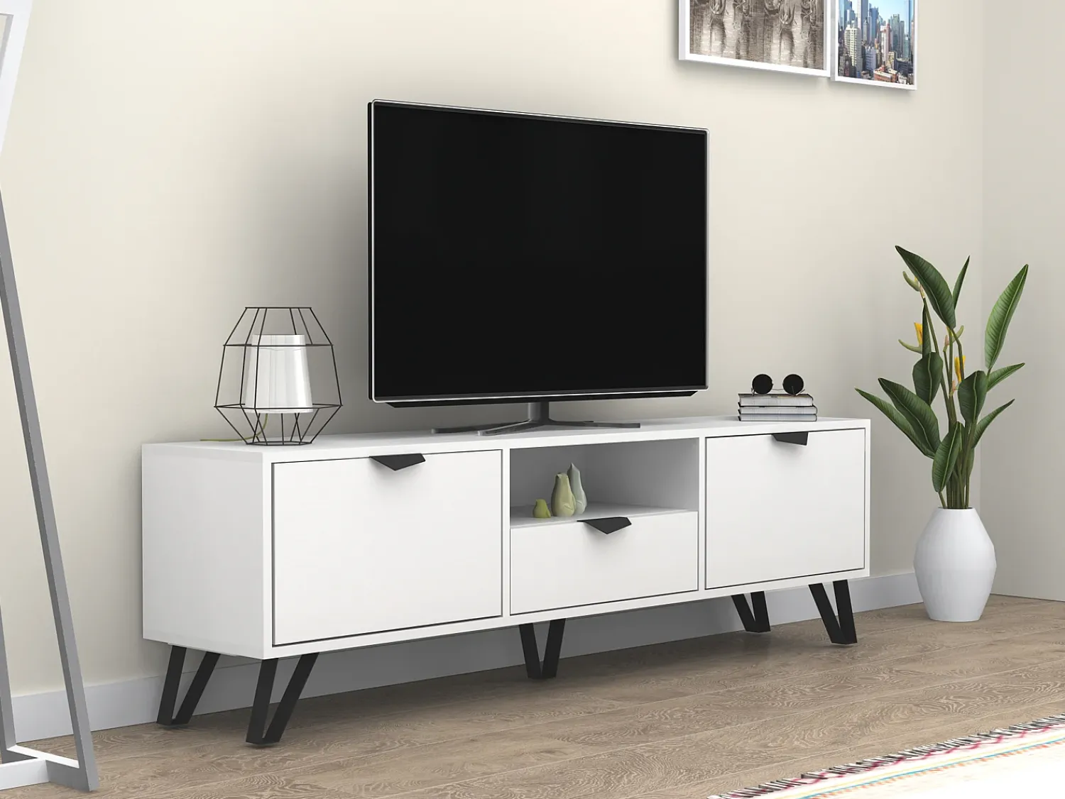Móvel De Tv|Vente-unique Móvel de TV com 2 portas, 1 gaveta e 1 nicho e preto - CARDELIA Branco