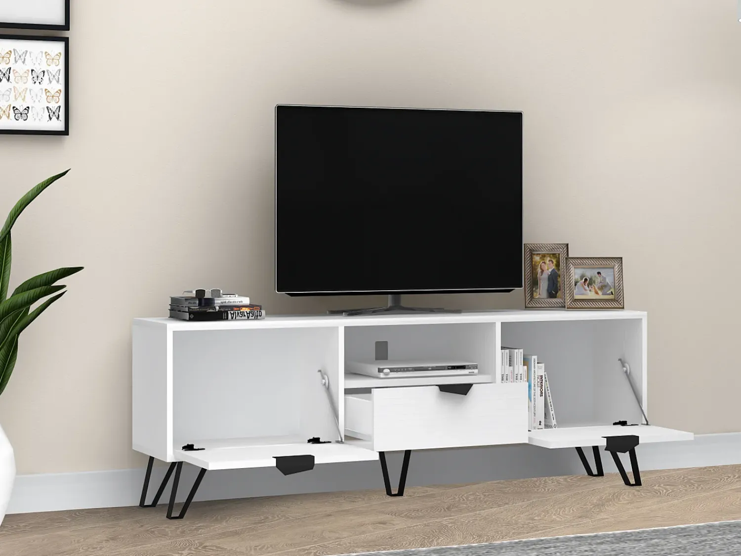 Móvel De Tv|Vente-unique Móvel de TV com 2 portas, 1 gaveta e 1 nicho e preto - CARDELIA Branco