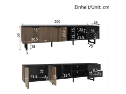Hauss Spole Móvel de TV com 2 portas, 2 gavetas e 2 nichos, LED incluído, em folheado de mármore e madeira escura - 200x38x50cm^ Móvel De Tv