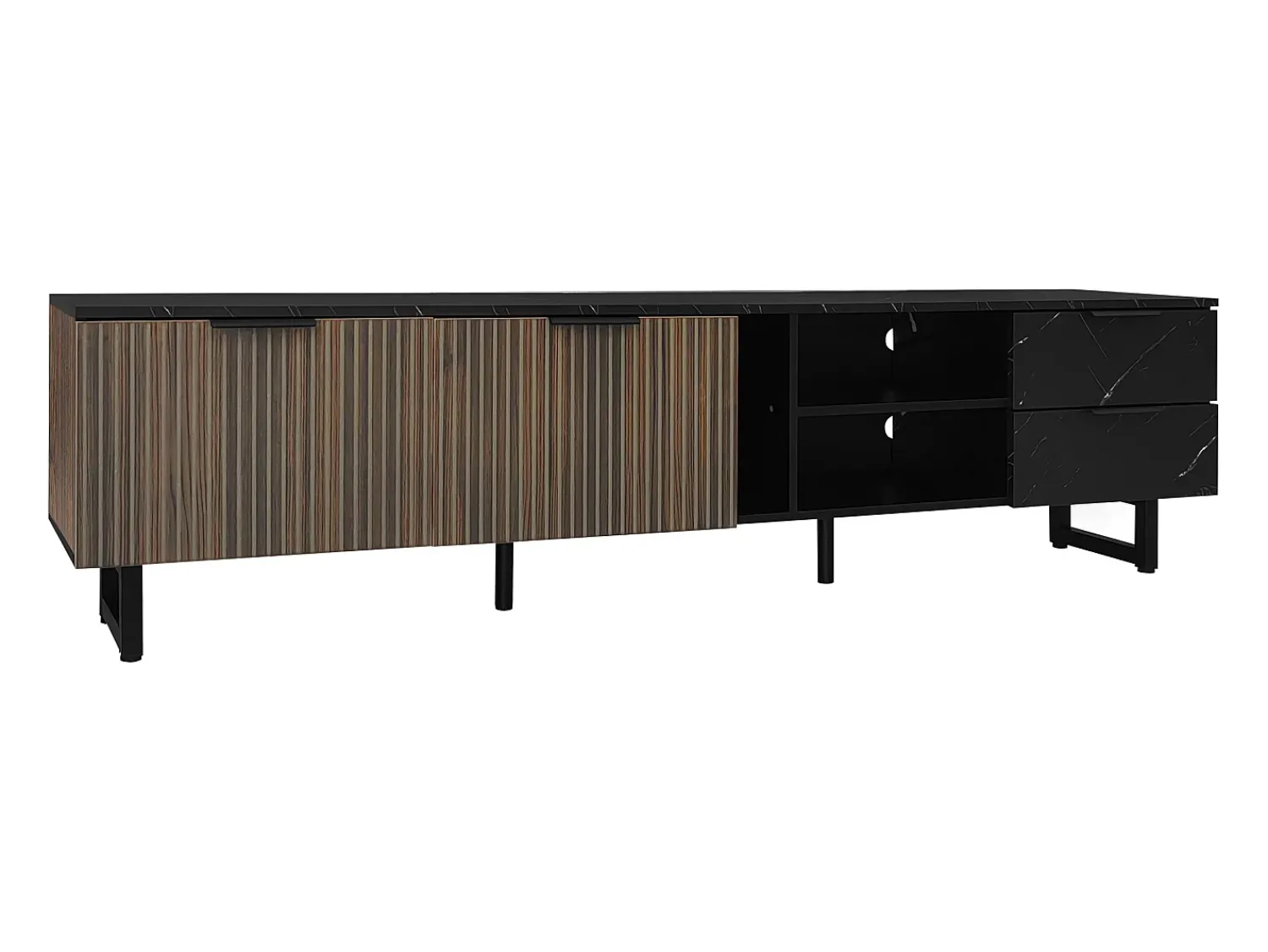 Hauss Spole Móvel de TV com 2 portas, 2 gavetas e 2 nichos, LED incluído, em folheado de mármore e madeira escura - 200x38x50cm^ Móvel De Tv