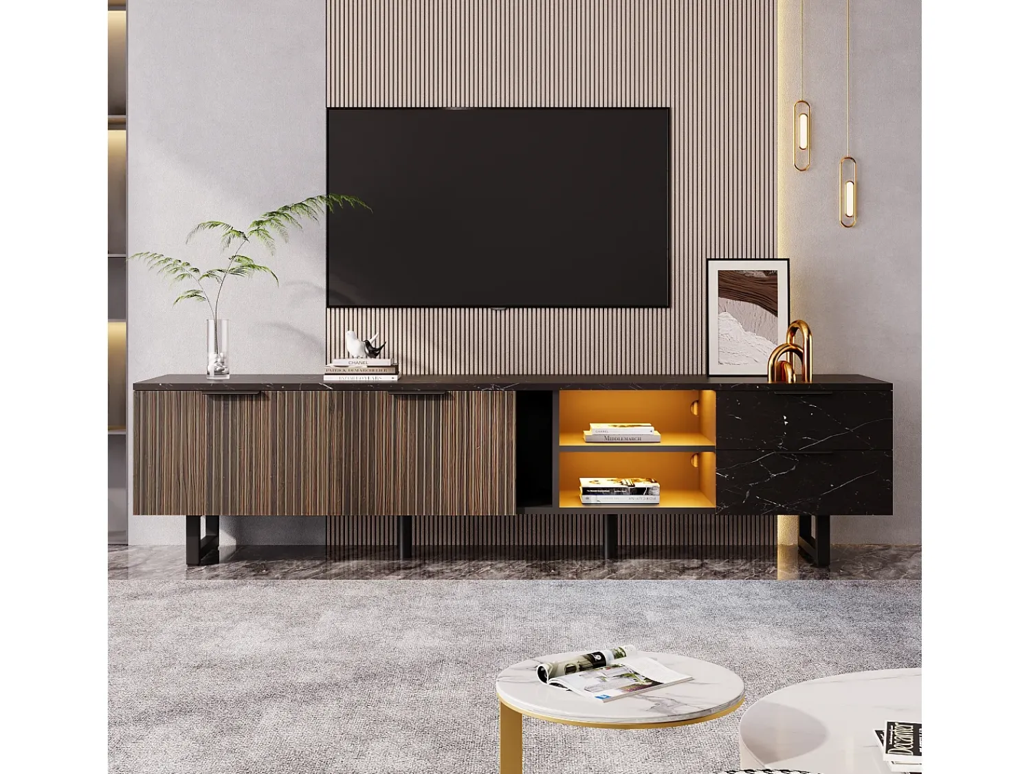 Hauss Spole Móvel de TV com 2 portas, 2 gavetas e 2 nichos, LED incluído, em folheado de mármore e madeira escura - 200x38x50cm^ Móvel De Tv