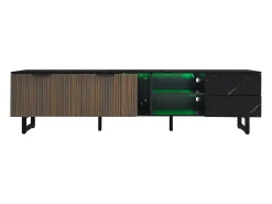 Hauss Spole Móvel de TV com 2 portas, 2 gavetas e 2 nichos, LED incluído, em folheado de mármore e madeira escura - 200x38x50cm^ Móvel De Tv