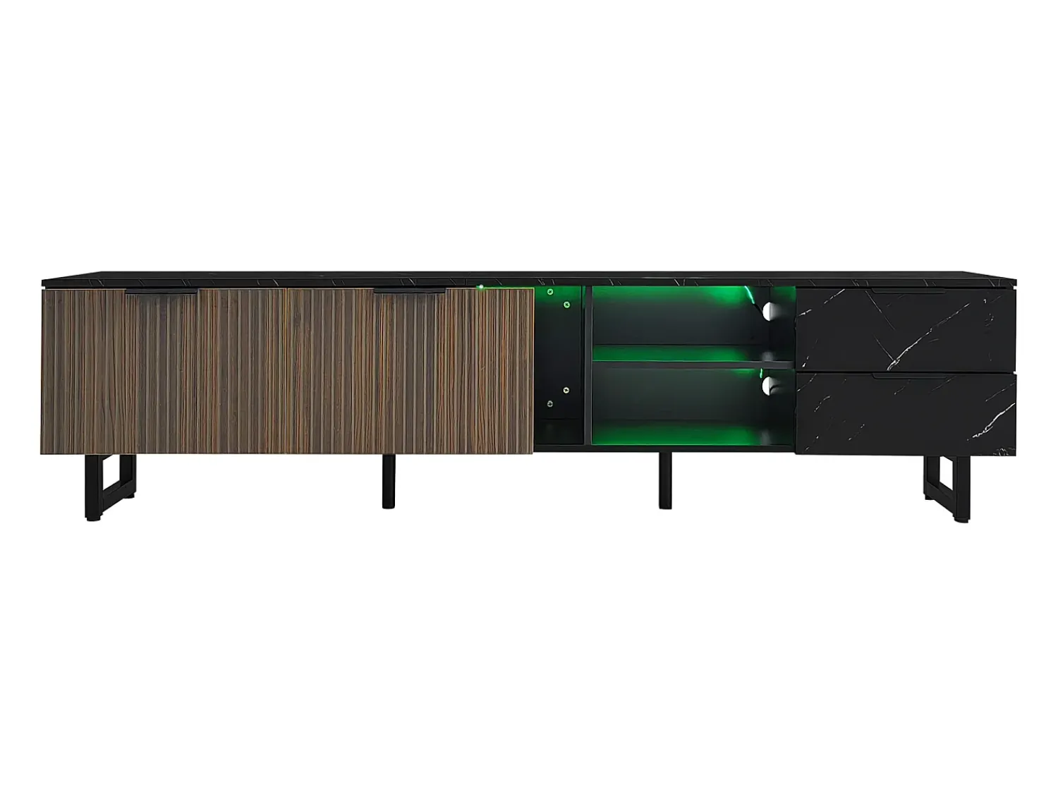 Hauss Spole Móvel de TV com 2 portas, 2 gavetas e 2 nichos, LED incluído, em folheado de mármore e madeira escura - 200x38x50cm^ Móvel De Tv