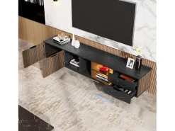 Hauss Spole Móvel de TV com 2 portas, 2 gavetas e 2 nichos, LED incluído, em folheado de mármore e madeira escura - 200x38x50cm^ Móvel De Tv
