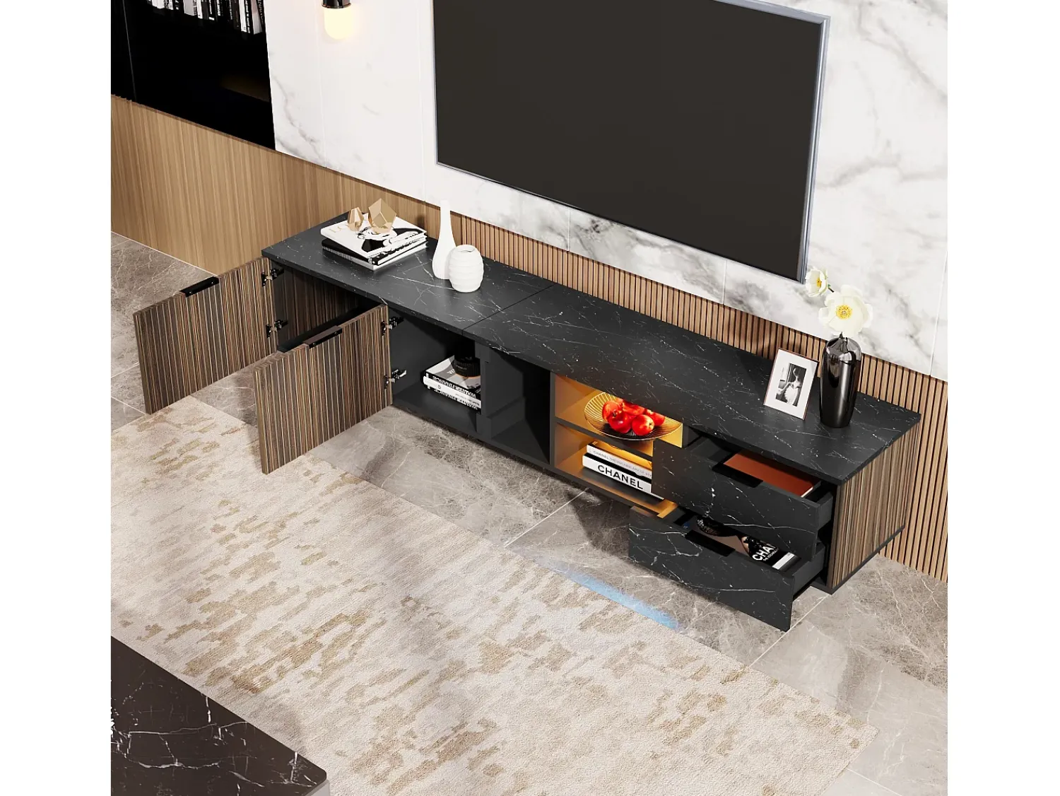 Hauss Spole Móvel de TV com 2 portas, 2 gavetas e 2 nichos, LED incluído, em folheado de mármore e madeira escura - 200x38x50cm^ Móvel De Tv