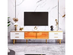 Móvel De Tv*Hauss Spole Móvel de TV com 2 portas de vidro temperado marrom e 4 gavetas, tampo em folheado de mármore , corpo e dourado Branco