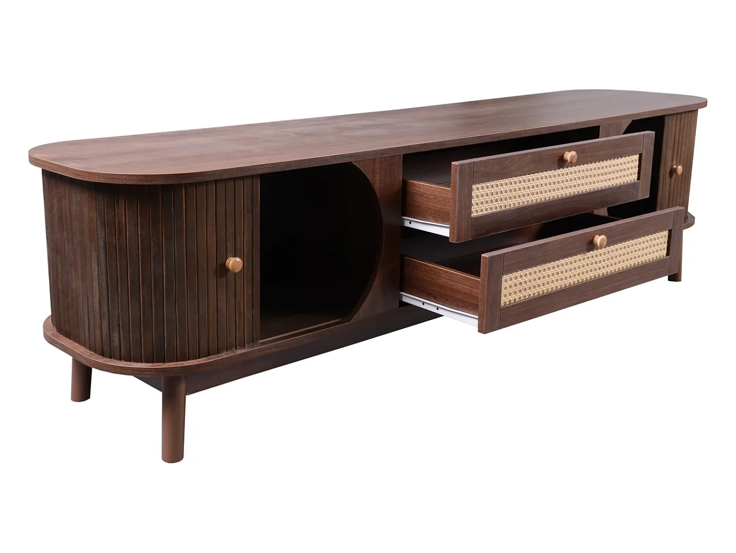Móvel De Tv*Hauss Spole Móvel de TV com 2 portas de correr e 2 gavetas em rattan, folheado a madeira castanha Castanho