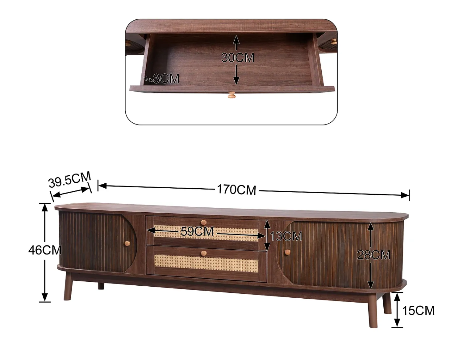 Móvel De Tv*Hauss Spole Móvel de TV com 2 portas de correr e 2 gavetas em rattan, folheado a madeira castanha Castanho