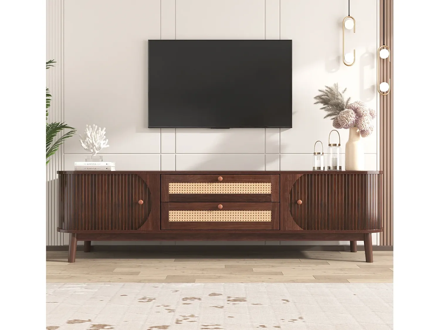 Móvel De Tv*Hauss Spole Móvel de TV com 2 portas de correr e 2 gavetas em rattan, folheado a madeira castanha Castanho