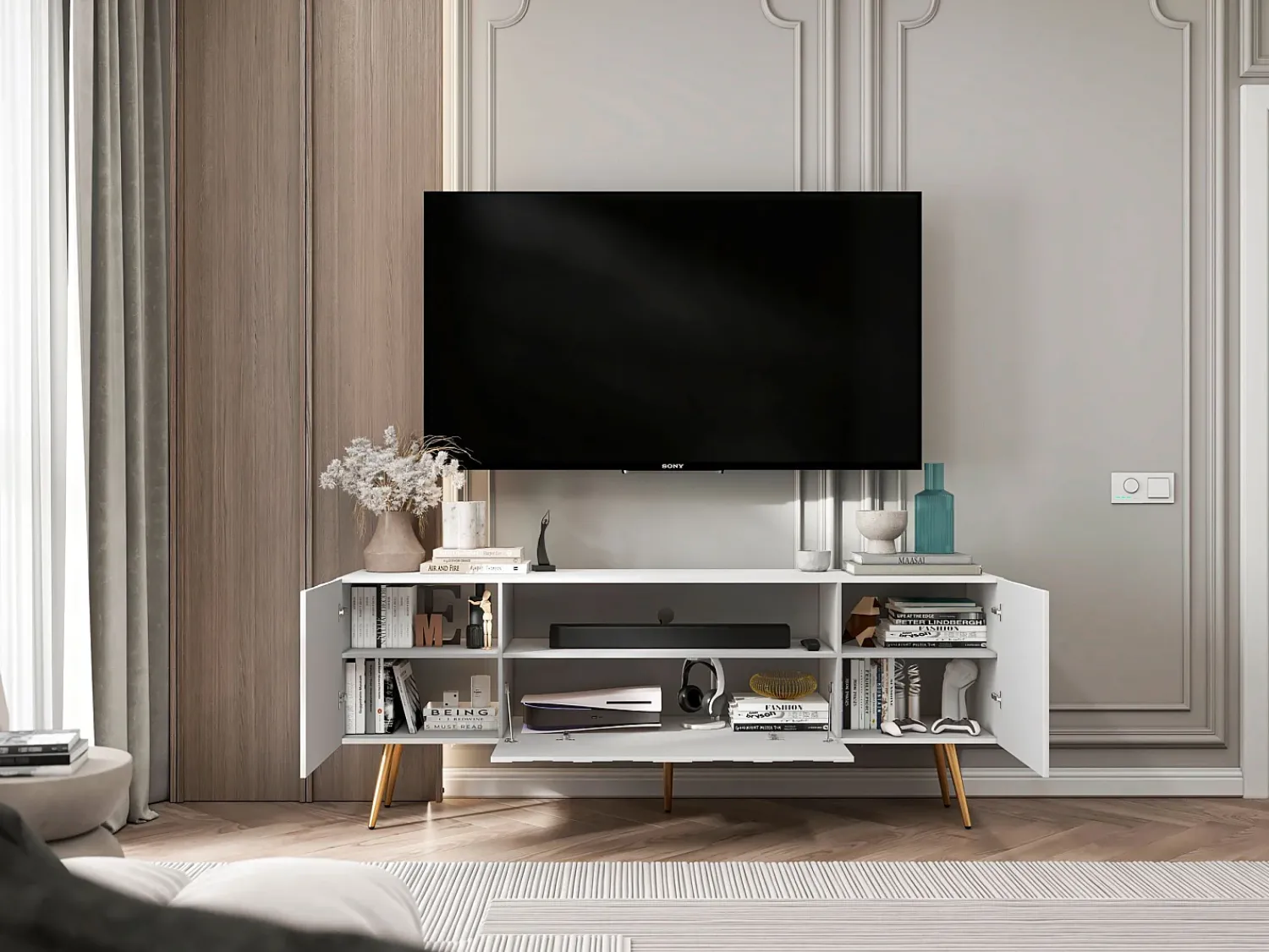 Móvel De Tv* Móvel de TV com 3 portas e nicho – Estrutura mate, frentes ranhuradas mate – 150 cm, pés dourados Branco