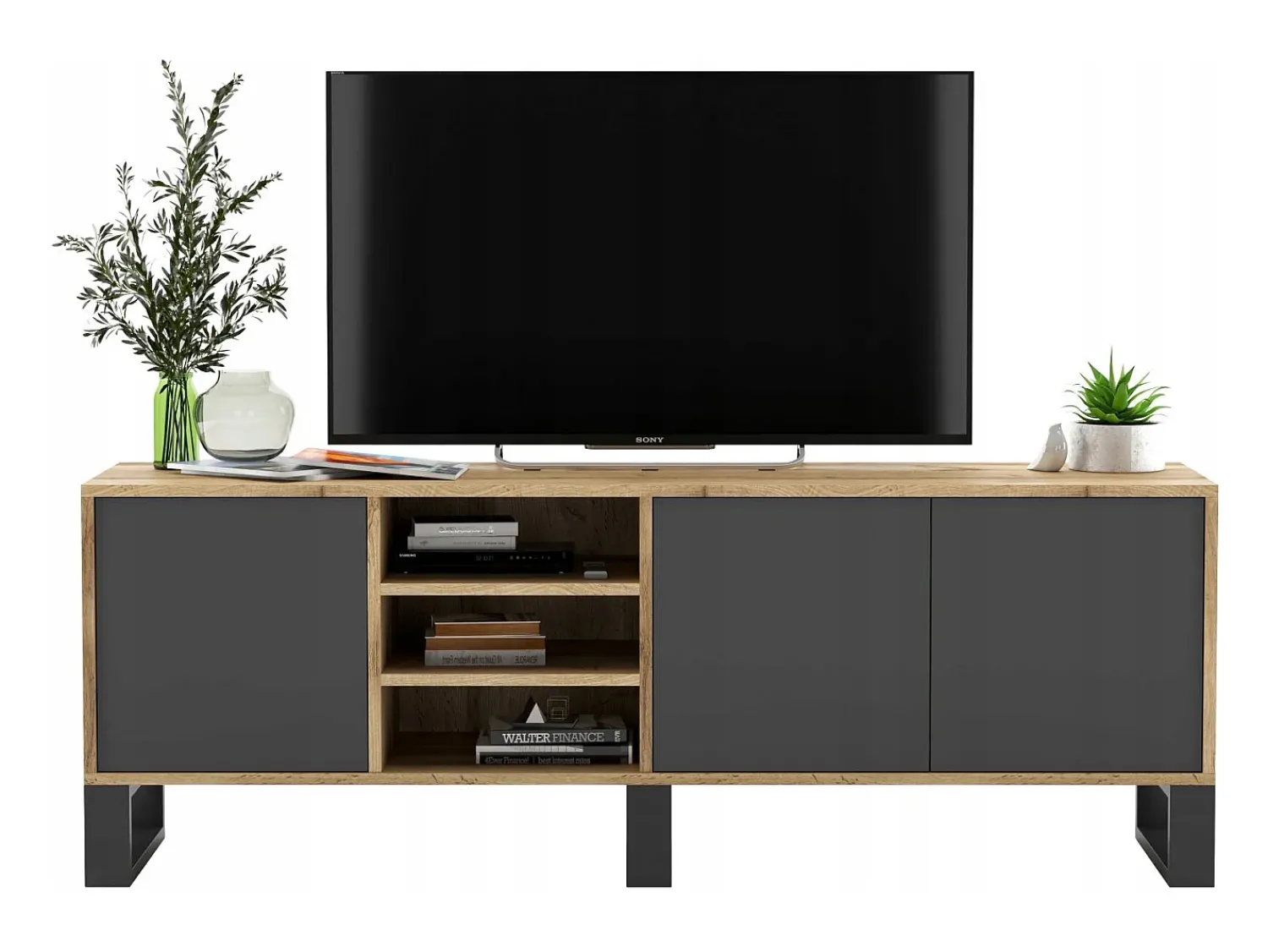 Móvel De Tv* Móvel de TV com 3 portas e 1 nicho - estrutura carvalho wotan, frentes grafite mate - 150 cm, pés de metal Cinzento
