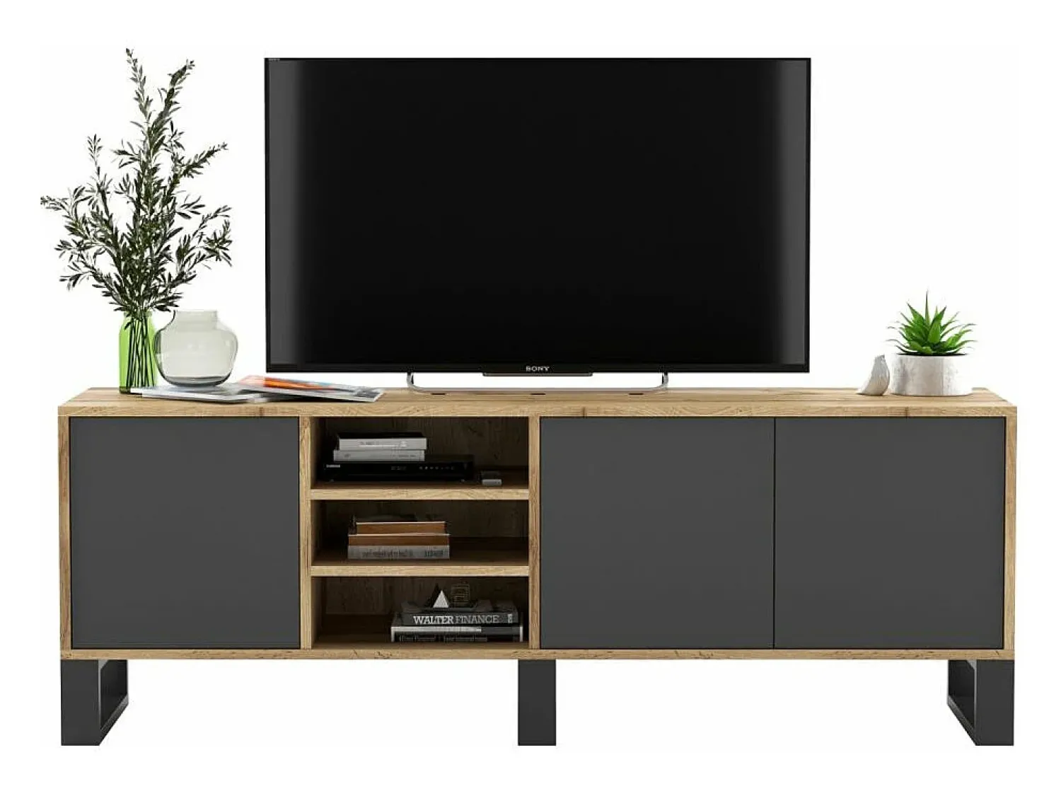 Móvel De Tv* Móvel de TV com 3 portas e 1 nicho - estrutura carvalho wotan, frentes grafite mate - 150 cm, pés de metal Cinzento