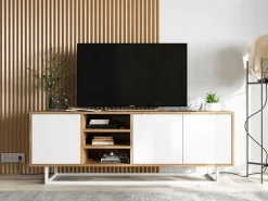 Best Móvel de TV com 3 portas e 1 nicho - corpo carvalho wotan frentes mate - 150 cm, estrutura metálica Branco