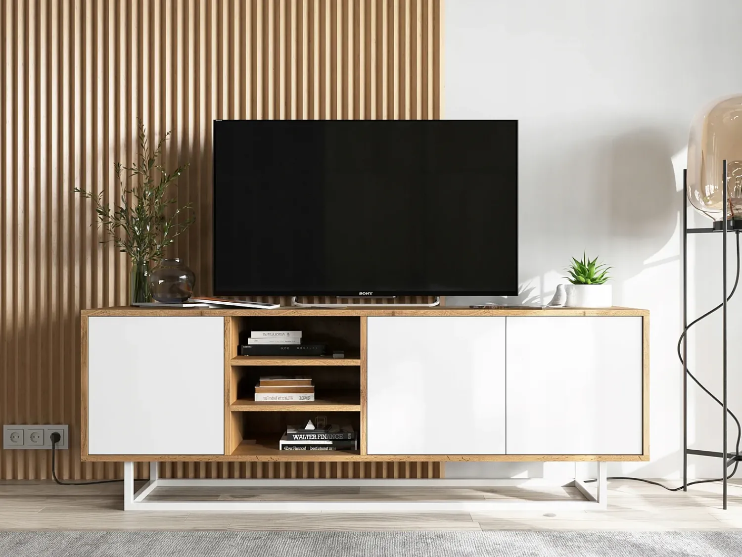 Best Móvel de TV com 3 portas e 1 nicho - corpo carvalho wotan frentes mate - 150 cm, estrutura metálica Branco