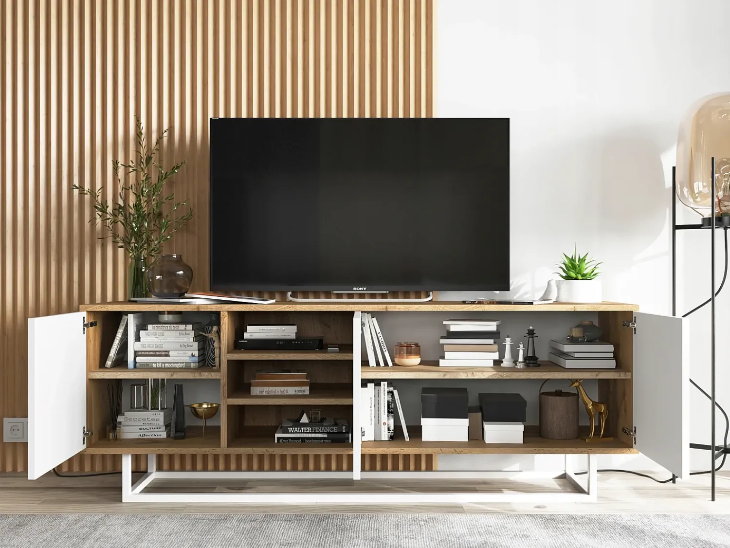 Best Móvel de TV com 3 portas e 1 nicho - corpo carvalho wotan frentes mate - 150 cm, estrutura metálica Branco